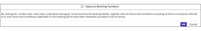 Screenshot of Approve booking numbers popup