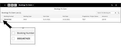 Screenshot of Bookings to claim list with number highlighted