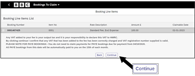 Screenshot of Bookings to claim screen with Continue button highlighted