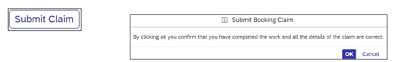 Screenshot of Submit claim button and Submit booking claim popup