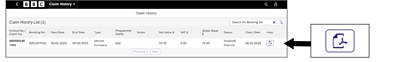 Screenshot of Claim history list with PDF button highlighted