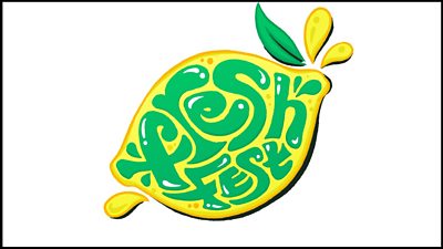 The text 'fresh fest' in green squeezed into an image of a lemon on a white background