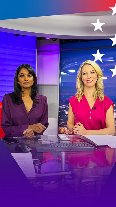 Sumi Somaskanda and Caitríona Perry sat together behind the desk in the BBC News Washington DC TV studio