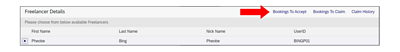 Screenshot of Freelancer Details screen with Bookings to accept highlighted