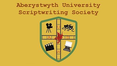 The text Aberystwyth University Scriptwriting Society with a shield design featuring a retro film camera, theatre masks, typewriter and clapper