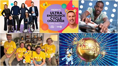 Collage showing key images for: Children in Need 2024 presenters, Children in Need Paddy's Ultra Endurance Cycle Challenge; Ncuti Gatwa in Doctor Who; The outnumbered cast sits down with Pudsey ears and t-shirts; Strictly Come Dancing logo with Bluey dancing next to it 