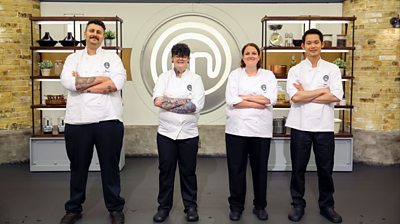 Contestants Michael, Lauren, Lucy, William are wearing MasterChef branded shirts with their arms crossed and looking at the camera 