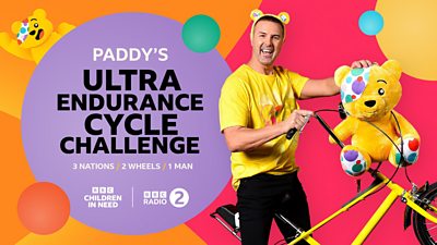 Artwork for Paddy's UItra Endurance Cycle Challenge for BBC Children in Need. Featuring a picture of Paddy McGuinness wearing yellow Pudsey bear ears. 