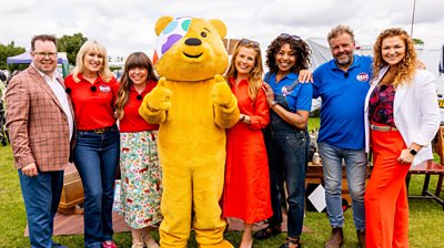 Thomas Forrester, Nicki Chapman, Briony Williams, Pudsey Bear, Christina Trevanion, Jacqui Joseph, Martin Roberts, Irita Marriott smile for the camera