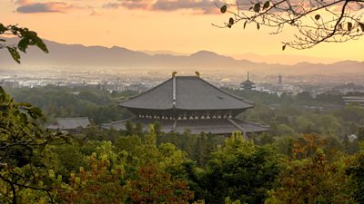 An aerial view of the ancient city Nara in Japan at sunrise