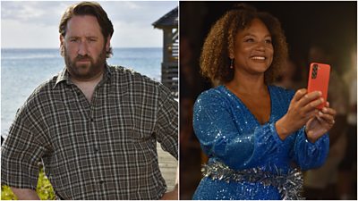 Left: Jim Howick stands  against the backdrop of a coastal scene with his hands on his hips. Right: Angela Griffin holds a phone in her hands, smiling in a nighttime scene