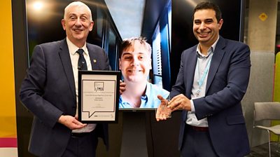 LDR of the Year Ethan Davies joins the awards ceremony via video link from Australia as Sir Lindsay Hoyle presents his award to Reach Plc Democracy Editor Yakub Qureshi