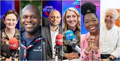 (L-R) Separate images of Professor Irene Tracey, Dwayne Fields, Sir Sajid Javid, Dame Laura Kenny, Baroness Floella Benjamin, Frank Cottrell-Boyce, with some in a radio studio with Radio 4 branding, facing the camera.