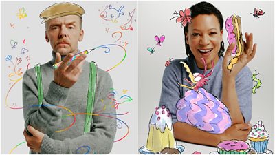 Left image of Simon Pegg with multicoloured drawings around him such as swirly lines, flowers and birds.  Right image of Nina Sosanya with colourful drawings of cakes and butterflies and a baby bird in a blanket resting on her arm