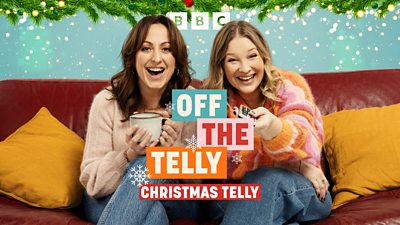 Festive artwork for Off the Telly. Natalie Cassidy and Joanna Page sit beside each other on a sofa. A wreath lines the top of the image, while sparkles and snowflakes have been added to the branding. 