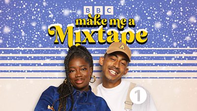 Festive artwork for Make Me A Mixtape. Clara Amfo & Jordan Stephens smile underneath the title of the show. Snow adorns the title and decorates the background. 