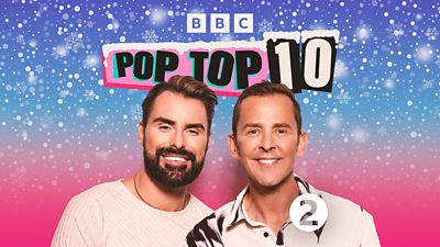 Festive artwork for Pop Top 10. Rylan and Scott smile under the title of the show. Snow and sparkles adorn the title and decorates the background.  