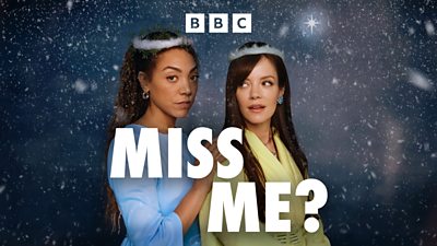 Festive artwork for Miss Me. Graphics on the image have given Miquita Oliver and Lily Allen snowy halos. Gentle snowfall fills the dark blue of the background. A star shines brightly at the top of the image. 