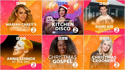 A grid of six images showcasing some of the shows available on 鶹Լ Radio 2 this Christmas. 