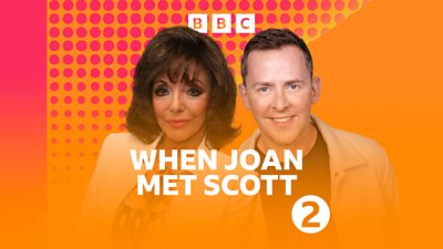 Pictures of Joan Collins and Scott Mills in front of 鶹Լ Radio 2 banding.