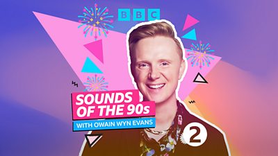 Artwork for New Year’s Eve Party Sounds of the 90s, featuring a picture of Owain Wyn Evans next to the title of the show and cartoon fireworks. 