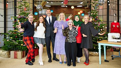 Left to right: Celebrity Sewers Ian H Watkins and Charlotte Crosby, Judge Patrick Grant, Presenter Sara Pascoe, Judge Esme Young, and Celebrity Sewers Fatiha El-Ghorri and Kellie Bright.