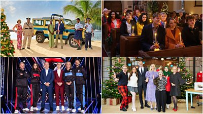 Clockwise from top left: Death in Paradise, Beyond Paradise, The Great Christmas Sewing Bee and Gladiators Celebrity Special