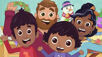 Animated characters Nikhil and Jay and their parents are depicted smiling and waving with a snowman in the background