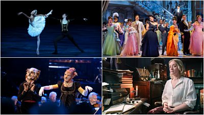 Clockwise from top left: Swan Lake, The Merry Widow from Glyndebourne, The Read with Anne-Marie Duff and Doctor Who at The Proms