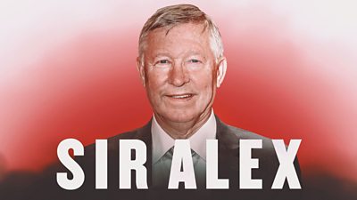 Sir Alex Ferguson smiling. 'Sir Alex' in large white text 