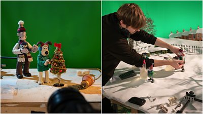 Left - a shot of Wallace and Gromit and a Christmas tree, set against a green screen. Right - A member of the crew adjusts the Wallace model