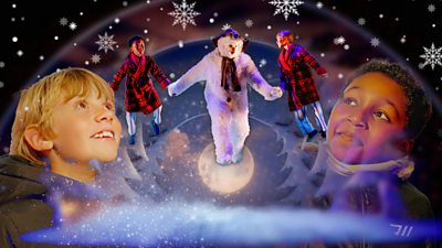 composite image showing two children looking up whimsically. Two children in pyjamas either side of a person dressed as a snowman in the middle with stars, a moon and snow
