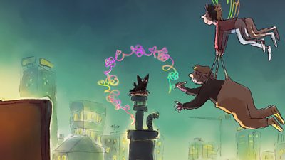 Quentin Blake style illustration with two people flying in the air and using a magic pencil to draw colourful swirly lines in the air