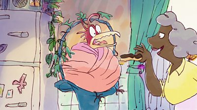 Quentin Blake style illustration a woman feeding a chocolate cake to a squawking bird that's wrapped in a blanket in a basket