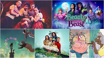 five image collage with key art for: Famous Five, Beauty and the Beast panto; Angel Pavement; The Primrose Railway Children' Loveykins