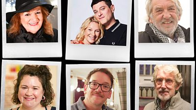 A series of images of actors who've played roles in Gavin and Stacey, styled as instant photos with white frames