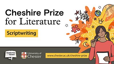 The text Cheshire Prize for Literature on a black background with a holographic style keyboard image