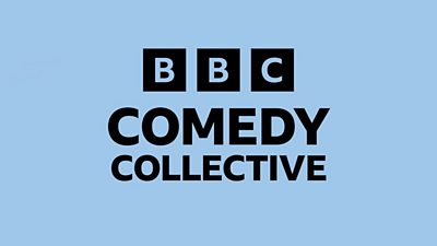 The text 'bbc comedy collective' in black on a light blue background