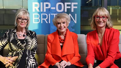 Three women sat on a sofa smiling in front of Rip Off Britain branding