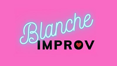 The text Blanche Improv on a bright pink background with a small red heart inside the 'O'