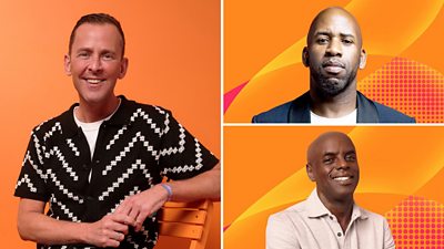 Composite image. Three headshots of Radio 2 presenters for The Scott Mills Breakfast Show, Trevor Nelson, and The Good Groove with DJ Spoony