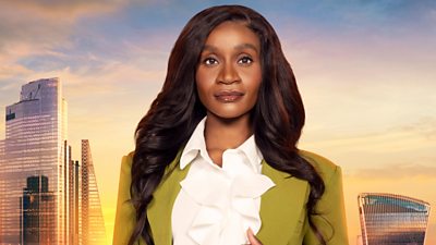 Chisola wears a moss green blazer with a ruffled white blouse underneath. Her long curled hair drapes over each shoulder. A backdrop of the London skyline at sunset 