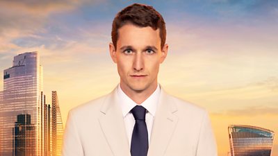 Max wears a cream blazer with a white shirt and navy tie. He is clean shaven and stares directly at the camera. A backdrop of the London skyline at sunset 