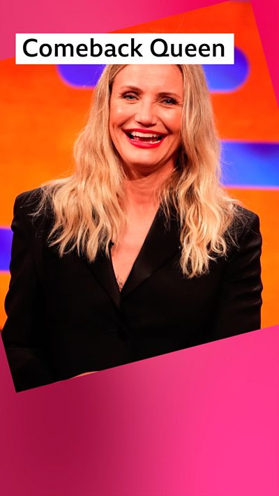 Cameron Diaz smiles. Text reads Comeback Queen