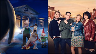Left: Animated characters Wallace, his dog Gromit and smart gnome Norbot look on in terror at a penguin. Right: Smithy, Gavin, Stacey and Nessa stand at the top of a road in Barry