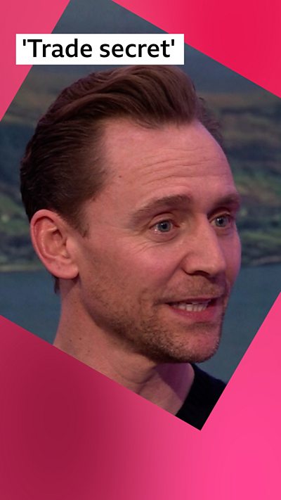 Tom Hiddleston on the set of The One Show; he has short blond hair. Text reads: Trade secret