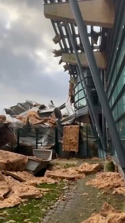 Building materials strewn around outside leisure centre