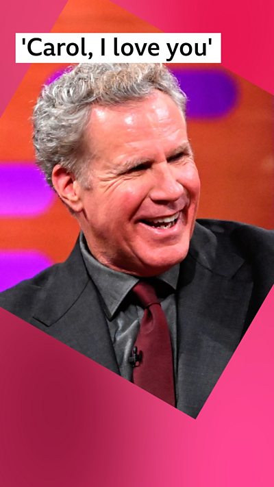 A man, Will Ferrell, laughs. He is wearing a grey suit and a red tie. Text reads: 'Carol, I love you'