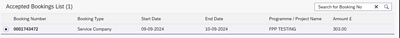 Screenshot of Accepted bookings list showing booking number, type, start and end date, programme/project and amount