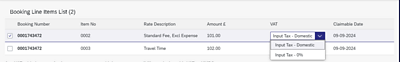 Screenshot of Booking line items list, showing a selected booking with the VAT menu expanded - the items are Input Tax Domestic and Input Tax 0%